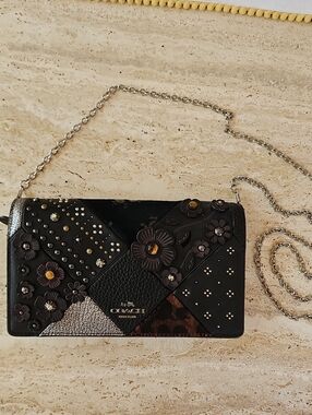 Coach Black Floral Patchwork Crossbody Wallet with Silver Chain